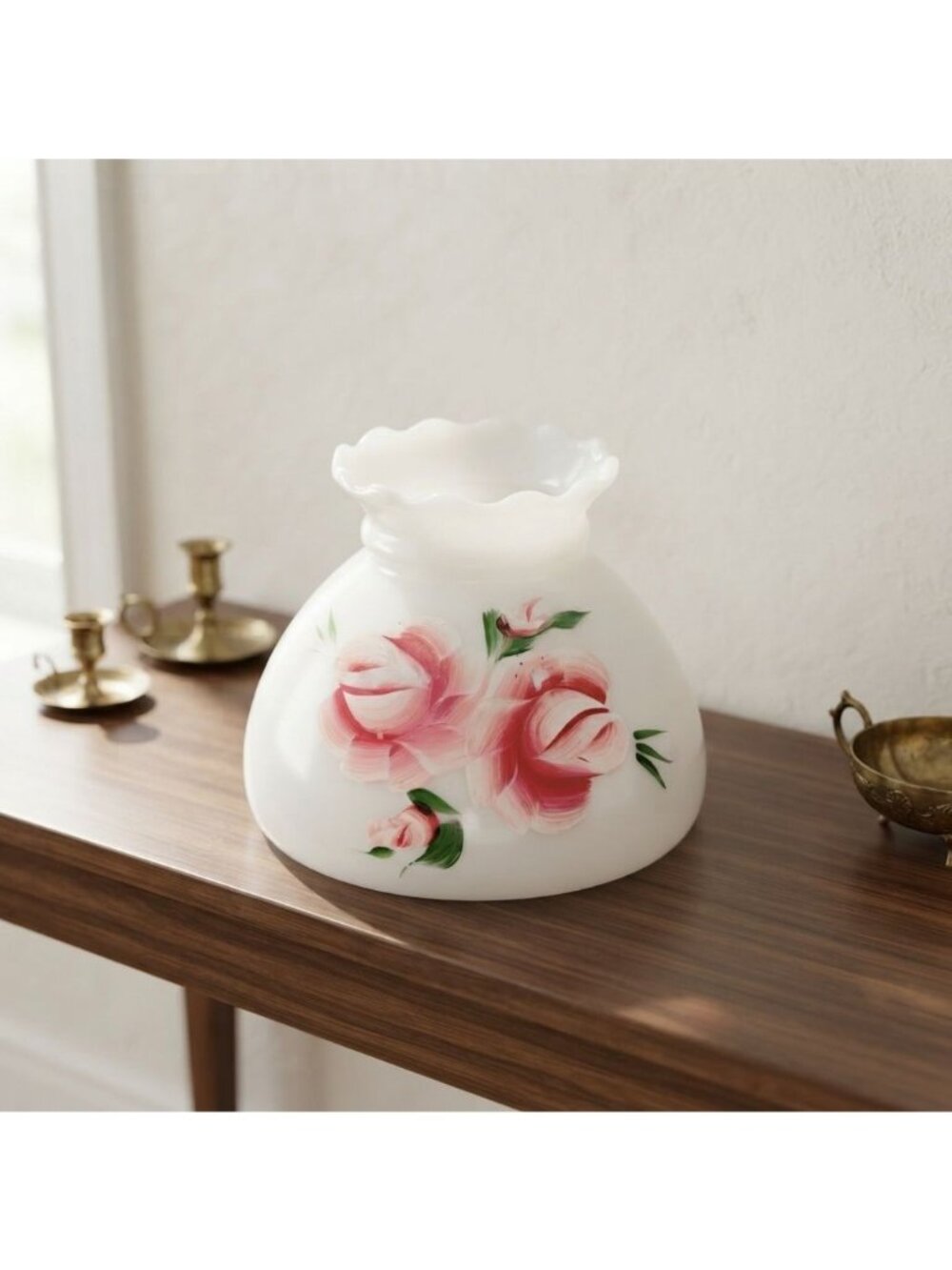 Vintage Milk Glass Lamp Shade Hand Painted Pink Roses Ruffled Chimney Globe